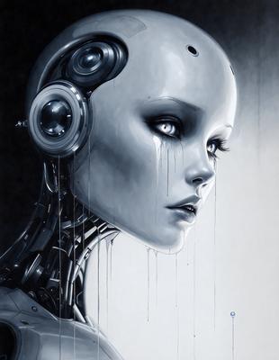 The primary subject of the image is a woman with a tear in her eye, wearing a futuristic outfit. She is surrounded by a futuristic setting, possibly a dark room. The visual style of the image is digital art, with a focus on the woman's face and the futuristic elements of her outfit. The colors and mood of the image are dark and moody, with the woman's tear adding a sense of emotion to the scene.